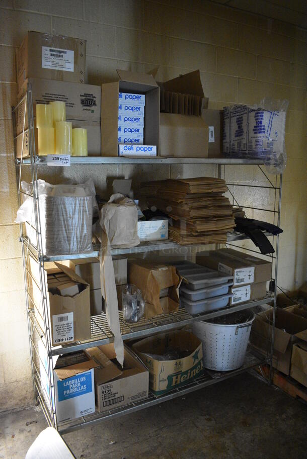 ALL ONE MONEY! Lot of Metal 4 Tier Wire Shelving Unit w/ Contents Including Paper Products, Colander and Silverware Caddies. BUYER MUST DISMANTLE. PCI CANNOT DISMANTLE FOR SHIPPING. PLEASE CONSIDER FREIGHT CHARGES. 60x24x75. BUYER MUST REMOVE. (basement)