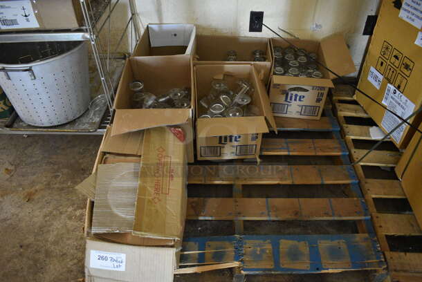 PALLET LOT of Various Glasses Including Beverage and Stemmed. Includes 4x4x6.5. BUYER MUST REMOVE. (basement)