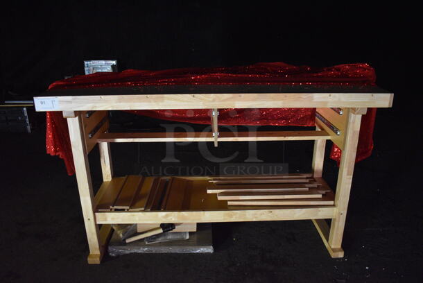 Wooden Table w/ Red Cover. BUYER MUST REMOVE. 60x20x34. (bar) - Image 1 of 5