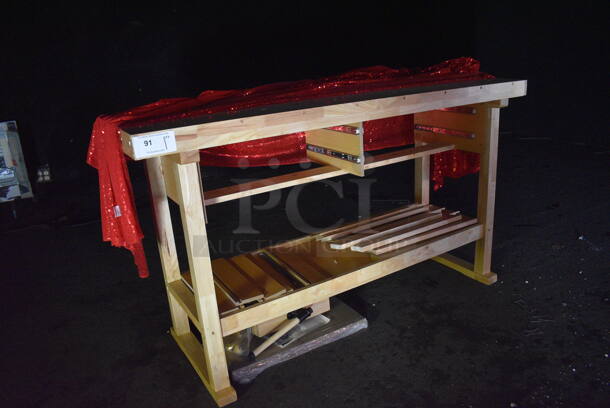 Wooden Table w/ Red Cover. BUYER MUST REMOVE. 60x20x34. (bar) - Image 2 of 5