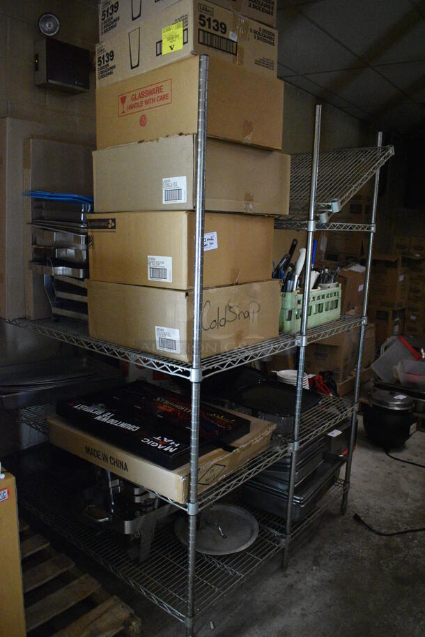 ALL ONE MONEY! Lot of Metal 4 Tier Wire Shelving Unit and 3 Tier Wire Shelving Unit w/ Contents Including Utensils, Chafing Dish Frames and Glassware. BUYER MUST DISMANTLE. PCI CANNOT DISMANTLE FOR SHIPPING. PLEASE CONSIDER FREIGHT CHARGES. 60x48x75. BUYER MUST REMOVE. (basement)