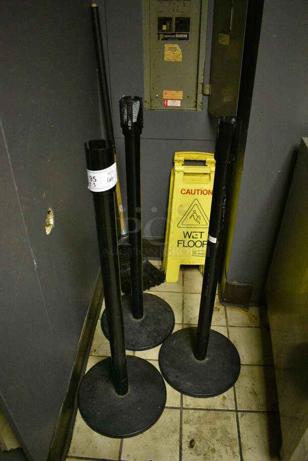 ALL ONE MONEY! Lot of Broom, 3 Stanchions and 2 Wet Floor Caution Signs. Includes 13x13x40. (bar)