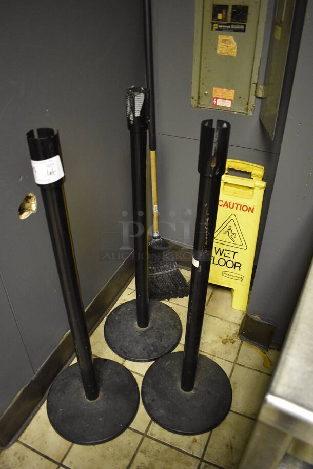 ALL ONE MONEY! Lot of Broom, 3 Stanchions and 2 Wet Floor Caution Signs. Includes 13x13x40. (bar) - Image 2 of 3
