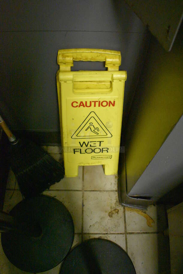 ALL ONE MONEY! Lot of Broom, 3 Stanchions and 2 Wet Floor Caution Signs. Includes 13x13x40. (bar) - Image 3 of 3