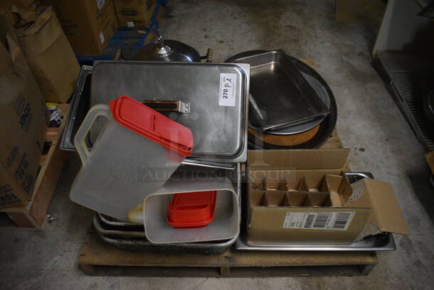 PALLET LOT of Various Items Including Metal Pans and Poly Pitcher. BUYER MUST REMOVE. (basement)
