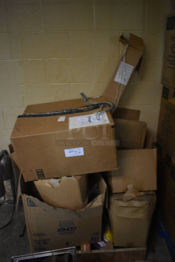 PALLET LOT of Various Items Including Paper Products, Straws and Poly Pitchers. BUYER MUST REMOVE. (basement)