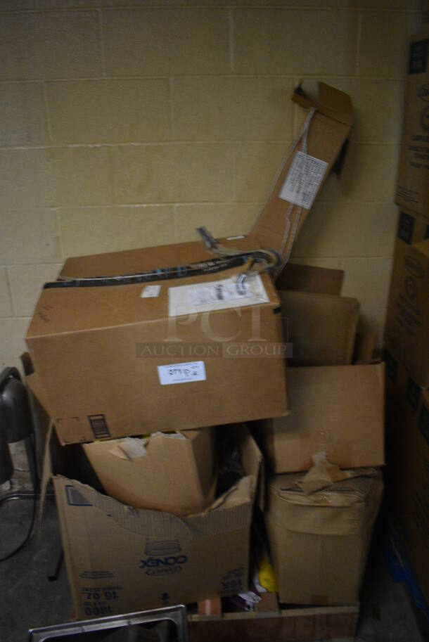 PALLET LOT of Various Items Including Paper Products, Straws and Poly Pitchers. BUYER MUST REMOVE. (basement) - Image 1 of 4