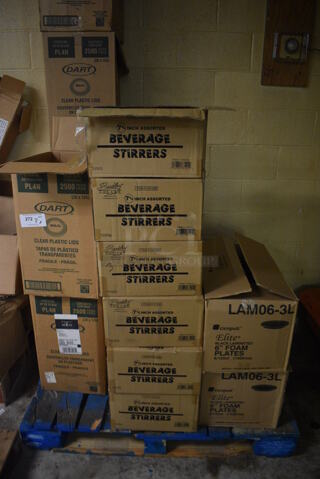 PALLET LOT of Various Paper Products Including Beverage Stirrers, Lids and Foam Plates. BUYER MUST REMOVE. (basement)