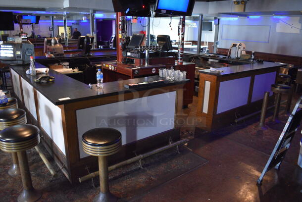 Wooden Rectangular Shaped Bar w/ Metal Foot Rail. Goes GREAT w/ Item 102! BUYER MUST REMOVE. 204x159x40. (bar) - Image 1 of 9