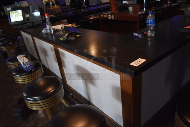 Wooden Rectangular Shaped Bar w/ Metal Foot Rail. Goes GREAT w/ Item 102! BUYER MUST REMOVE. 204x159x40. (bar) - Image 3 of 9