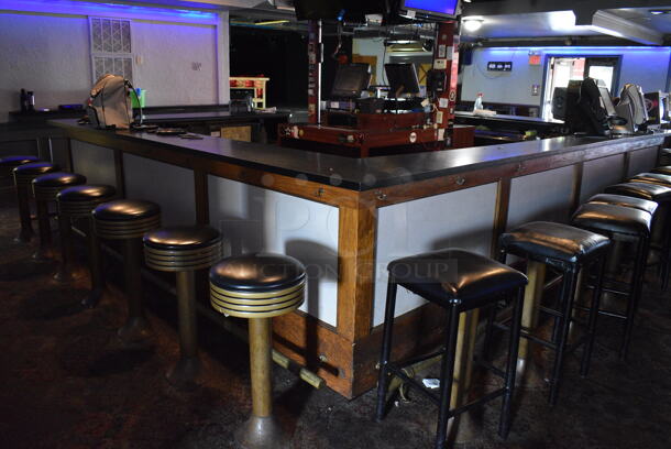 Wooden Rectangular Shaped Bar w/ Metal Foot Rail. Goes GREAT w/ Item 102! BUYER MUST REMOVE. 204x159x40. (bar) - Image 6 of 9