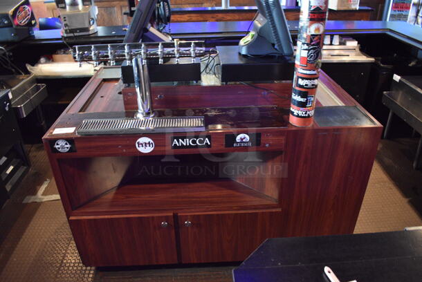 Wooden Bar Island w/ Stainless Steel 8 Tap Beer Tower and Drip Tray. Does Not Come w/ Contents. BUYER MUST REMOVE. 66x46x56. (bar) - Image 1 of 10