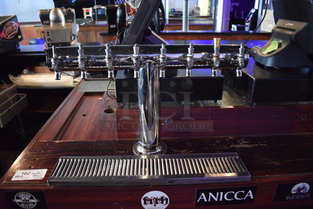 Wooden Bar Island w/ Stainless Steel 8 Tap Beer Tower and Drip Tray. Does Not Come w/ Contents. BUYER MUST REMOVE. 66x46x56. (bar) - Image 3 of 10