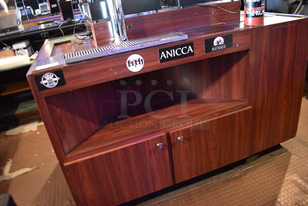 Wooden Bar Island w/ Stainless Steel 8 Tap Beer Tower and Drip Tray. Does Not Come w/ Contents. BUYER MUST REMOVE. 66x46x56. (bar) - Image 4 of 10