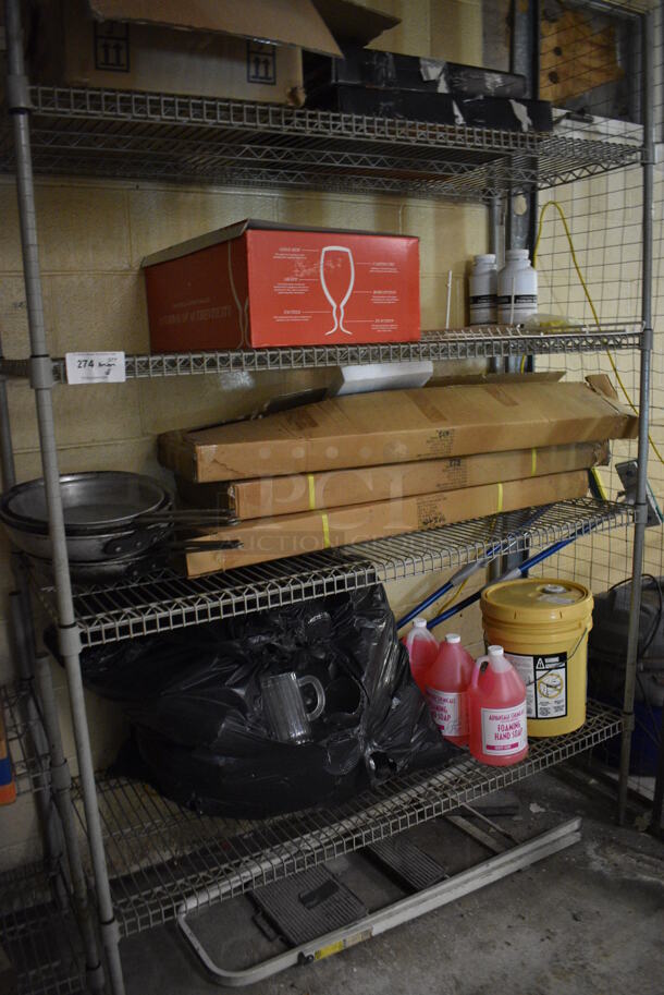 ALL ONE MONEY! Lot of Metal 4 Tier Shelving Unit w/ Contents Including Foaming Hand Soap Jugs and Glassware. BUYER MUST DISMANTLE. PCI CANNOT DISMANTLE FOR SHIPPING. PLEASE CONSIDER FREIGHT CHARGES. 54x18x35. BUYER MUST REMOVE. (basement) - Image 2 of 5