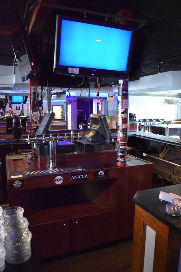 Wooden Bar Island w/ Stainless Steel 8 Tap Beer Tower and Drip Tray. Does Not Come w/ Contents. BUYER MUST REMOVE. 66x46x56. (bar) - Image 10 of 10