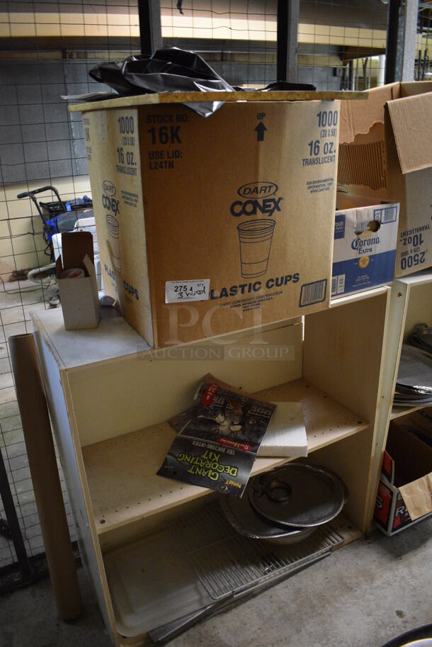 ALL ONE MONEY! Lot of 3 Wooden Shelving Units w/ Contents Including Metal Pans, Paper Products and Colander. BUYER MUST DISMANTLE. PCI CANNOT DISMANTLE FOR SHIPPING. PLEASE CONSIDER FREIGHT CHARGES. 38x16x38.5. BUYER MUST REMOVE. (basement) - Image 2 of 6