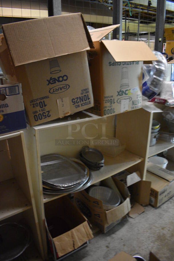 ALL ONE MONEY! Lot of 3 Wooden Shelving Units w/ Contents Including Metal Pans, Paper Products and Colander. BUYER MUST DISMANTLE. PCI CANNOT DISMANTLE FOR SHIPPING. PLEASE CONSIDER FREIGHT CHARGES. 38x16x38.5. BUYER MUST REMOVE. (basement) - Image 3 of 6