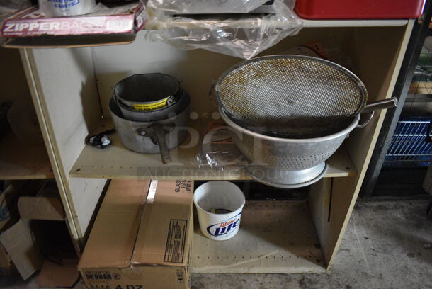 ALL ONE MONEY! Lot of 3 Wooden Shelving Units w/ Contents Including Metal Pans, Paper Products and Colander. BUYER MUST DISMANTLE. PCI CANNOT DISMANTLE FOR SHIPPING. PLEASE CONSIDER FREIGHT CHARGES. 38x16x38.5. BUYER MUST REMOVE. (basement) - Image 4 of 6