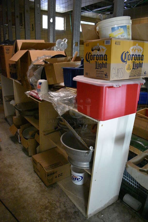 ALL ONE MONEY! Lot of 3 Wooden Shelving Units w/ Contents Including Metal Pans, Paper Products and Colander. BUYER MUST DISMANTLE. PCI CANNOT DISMANTLE FOR SHIPPING. PLEASE CONSIDER FREIGHT CHARGES. 38x16x38.5. BUYER MUST REMOVE. (basement) - Image 5 of 6