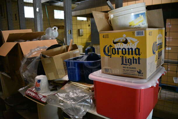 ALL ONE MONEY! Lot of 3 Wooden Shelving Units w/ Contents Including Metal Pans, Paper Products and Colander. BUYER MUST DISMANTLE. PCI CANNOT DISMANTLE FOR SHIPPING. PLEASE CONSIDER FREIGHT CHARGES. 38x16x38.5. BUYER MUST REMOVE. (basement) - Image 6 of 6