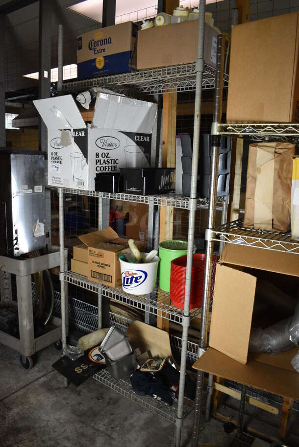 ALL ONE MONEY! Lot of Metal 4 Tier Wire Shelving Unit w/ Contents Including Poly Condiment Bottles, Utensils and Food Baskets. BUYER MUST DISMANTLE. PCI CANNOT DISMANTLE FOR SHIPPING. PLEASE CONSIDER FREIGHT CHARGES. 36x14x87. BUYER MUST REMOVE. (basement)