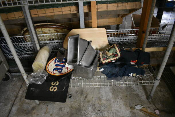 ALL ONE MONEY! Lot of Metal 4 Tier Wire Shelving Unit w/ Contents Including Poly Condiment Bottles, Utensils and Food Baskets. BUYER MUST DISMANTLE. PCI CANNOT DISMANTLE FOR SHIPPING. PLEASE CONSIDER FREIGHT CHARGES. 36x14x87. BUYER MUST REMOVE. (basement) - Image 2 of 6