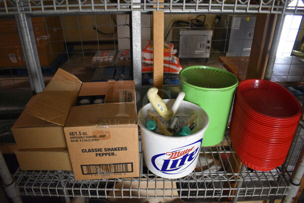 ALL ONE MONEY! Lot of Metal 4 Tier Wire Shelving Unit w/ Contents Including Poly Condiment Bottles, Utensils and Food Baskets. BUYER MUST DISMANTLE. PCI CANNOT DISMANTLE FOR SHIPPING. PLEASE CONSIDER FREIGHT CHARGES. 36x14x87. BUYER MUST REMOVE. (basement) - Image 3 of 6