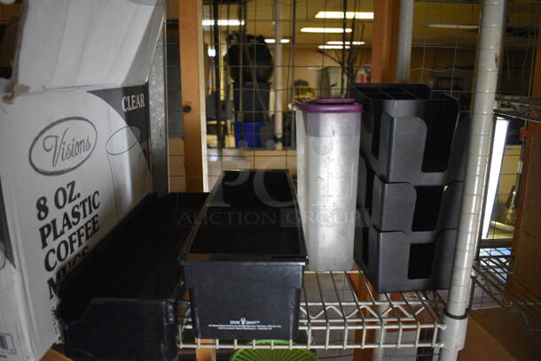 ALL ONE MONEY! Lot of Metal 4 Tier Wire Shelving Unit w/ Contents Including Poly Condiment Bottles, Utensils and Food Baskets. BUYER MUST DISMANTLE. PCI CANNOT DISMANTLE FOR SHIPPING. PLEASE CONSIDER FREIGHT CHARGES. 36x14x87. BUYER MUST REMOVE. (basement) - Image 4 of 6