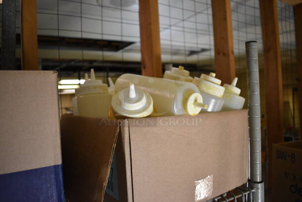 ALL ONE MONEY! Lot of Metal 4 Tier Wire Shelving Unit w/ Contents Including Poly Condiment Bottles, Utensils and Food Baskets. BUYER MUST DISMANTLE. PCI CANNOT DISMANTLE FOR SHIPPING. PLEASE CONSIDER FREIGHT CHARGES. 36x14x87. BUYER MUST REMOVE. (basement) - Image 6 of 6