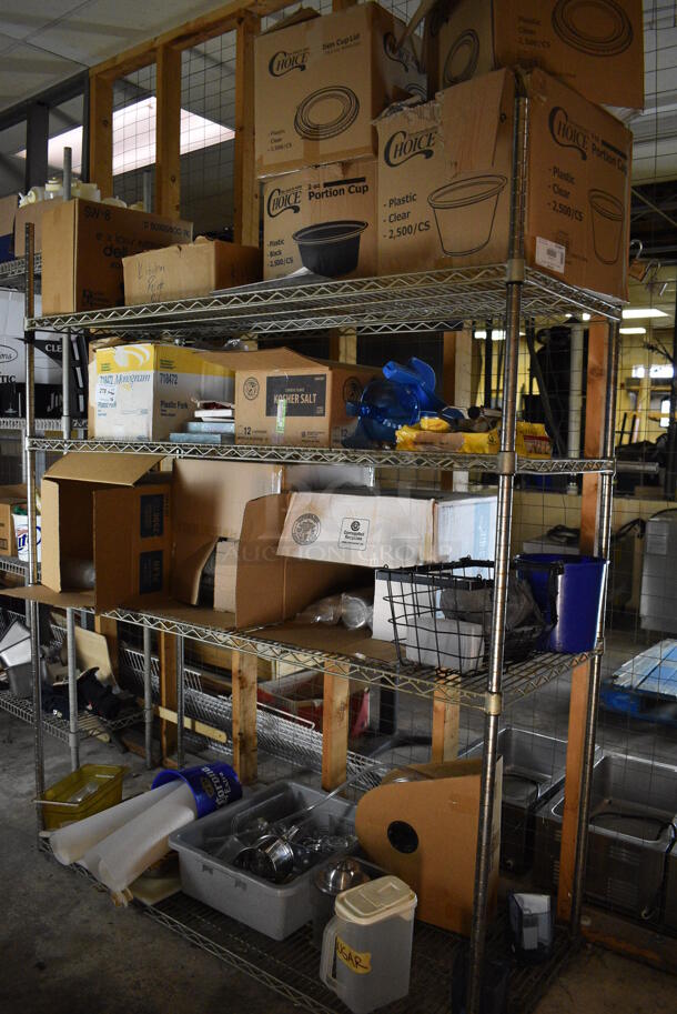 ALL ONE MONEY! Lot of Metal 4 Tier Wire Shelving Unit w/ Contents Including Paper Products, Basket and Seasoning Shakers. BUYER MUST DISMANTLE. PCI CANNOT DISMANTLE FOR SHIPPING. PLEASE CONSIDER FREIGHT CHARGES. 60x24x75. BUYER MUST REMOVE. (basement)