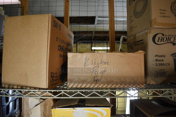 ALL ONE MONEY! Lot of Metal 4 Tier Wire Shelving Unit w/ Contents Including Paper Products, Basket and Seasoning Shakers. BUYER MUST DISMANTLE. PCI CANNOT DISMANTLE FOR SHIPPING. PLEASE CONSIDER FREIGHT CHARGES. 60x24x75. BUYER MUST REMOVE. (basement) - Image 3 of 7