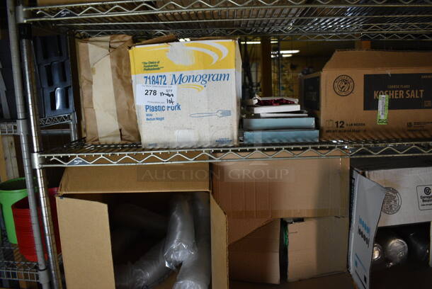 ALL ONE MONEY! Lot of Metal 4 Tier Wire Shelving Unit w/ Contents Including Paper Products, Basket and Seasoning Shakers. BUYER MUST DISMANTLE. PCI CANNOT DISMANTLE FOR SHIPPING. PLEASE CONSIDER FREIGHT CHARGES. 60x24x75. BUYER MUST REMOVE. (basement) - Image 4 of 7