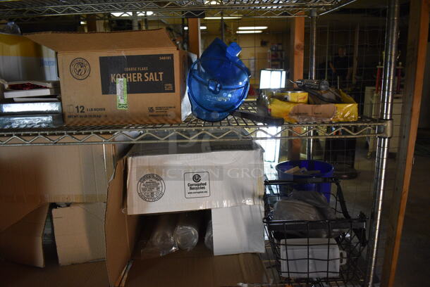 ALL ONE MONEY! Lot of Metal 4 Tier Wire Shelving Unit w/ Contents Including Paper Products, Basket and Seasoning Shakers. BUYER MUST DISMANTLE. PCI CANNOT DISMANTLE FOR SHIPPING. PLEASE CONSIDER FREIGHT CHARGES. 60x24x75. BUYER MUST REMOVE. (basement) - Image 5 of 7