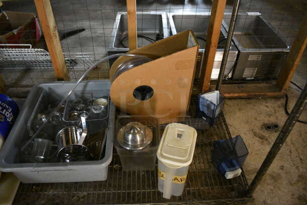 ALL ONE MONEY! Lot of Metal 4 Tier Wire Shelving Unit w/ Contents Including Paper Products, Basket and Seasoning Shakers. BUYER MUST DISMANTLE. PCI CANNOT DISMANTLE FOR SHIPPING. PLEASE CONSIDER FREIGHT CHARGES. 60x24x75. BUYER MUST REMOVE. (basement) - Image 6 of 7