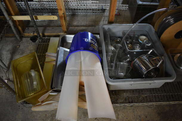 ALL ONE MONEY! Lot of Metal 4 Tier Wire Shelving Unit w/ Contents Including Paper Products, Basket and Seasoning Shakers. BUYER MUST DISMANTLE. PCI CANNOT DISMANTLE FOR SHIPPING. PLEASE CONSIDER FREIGHT CHARGES. 60x24x75. BUYER MUST REMOVE. (basement) - Image 7 of 7