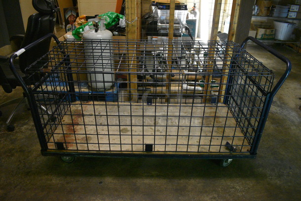 Black Metal Wire Transport Cage Cart on Commercial Casters. 66x30x34. (basement)
