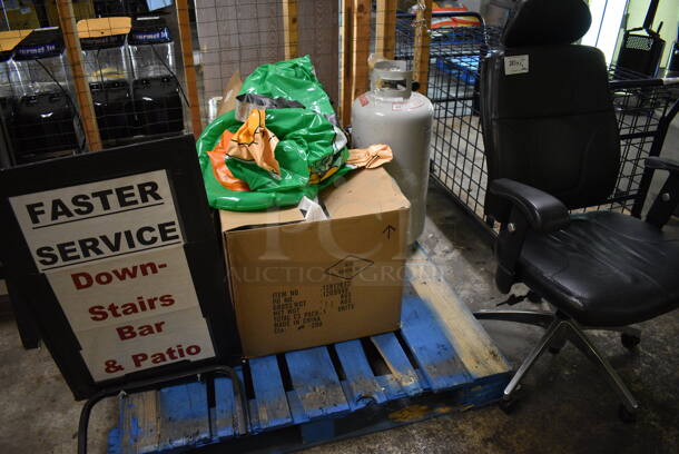 PALLET LOT of Various Items Including Chair, Inflatable and Metal Tank. BUYER MUST REMOVE. (basement)