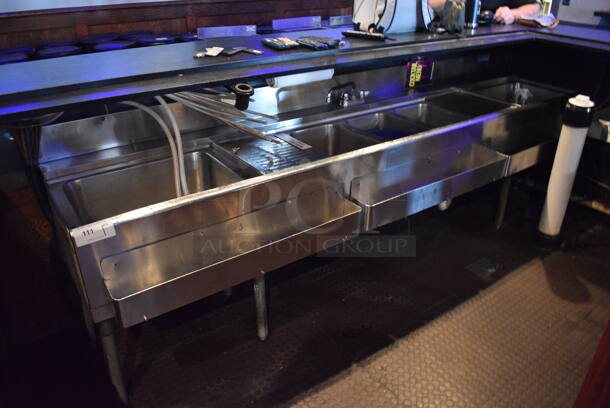 Stainless Steel 3 Bay Sink w/ Drain Board, 2 Ice Bins and 3 Speedwells. BUYER MUST REMOVE. 108x28x34. Bays 10x14x10. Drain Board 12x16x1. Ice Bins 20x15x8. (bar) - Image 1 of 6