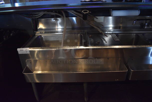 Stainless Steel 3 Bay Sink w/ Drain Board, 2 Ice Bins and 3 Speedwells. BUYER MUST REMOVE. 108x28x34. Bays 10x14x10. Drain Board 12x16x1. Ice Bins 20x15x8. (bar) - Image 2 of 6