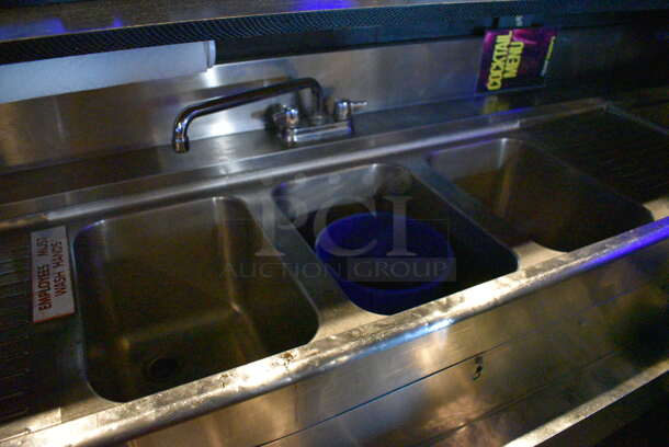 Stainless Steel 3 Bay Sink w/ Drain Board, 2 Ice Bins and 3 Speedwells. BUYER MUST REMOVE. 108x28x34. Bays 10x14x10. Drain Board 12x16x1. Ice Bins 20x15x8. (bar) - Image 4 of 6