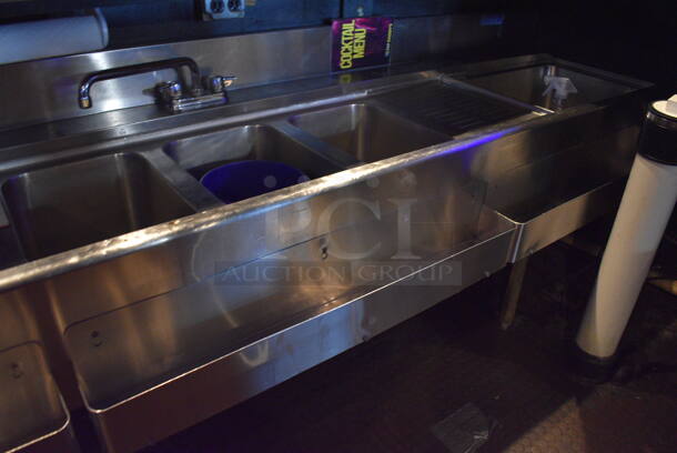 Stainless Steel 3 Bay Sink w/ Drain Board, 2 Ice Bins and 3 Speedwells. BUYER MUST REMOVE. 108x28x34. Bays 10x14x10. Drain Board 12x16x1. Ice Bins 20x15x8. (bar) - Image 5 of 6