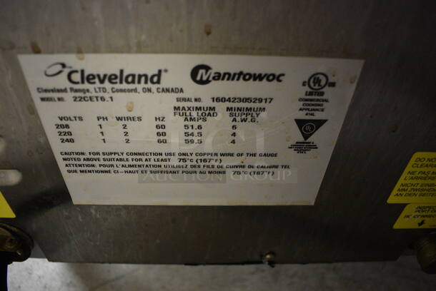 2016 Cleveland Model 22CET6.1 Stainless Steel Commercial Countertop Electric Powered Single Compartment Steam Cabinet. BUYER MUST REMOVE. 208-240 Volts, 1 Phase. Item Was in Working Condition on Last Day of Business. 21.5x31x31. (basement) - Image 6 of 6