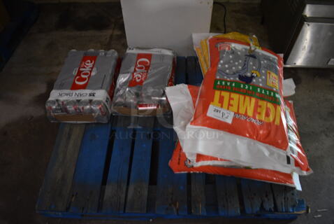 PALLET LOT of Various Items Including 2 Packs of Diet Coke and 3 Bags of Ice Melt BUYER MUST REMOVE. (basement)