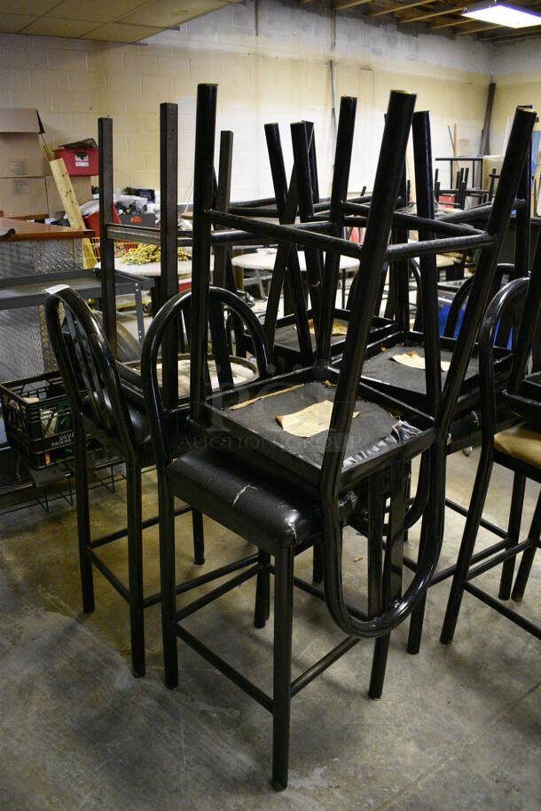 ALL ONE MONEY! Lot of 10 Various Black Metal Bar Height Chairs. BUYER MUST REMOVE. 18x18x44. (basement)