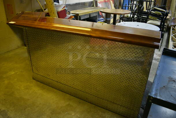 L Shaped Bar w/ Brazilian Cherry Wood Bar Top and Diamond Plate Panels. BUYER MUST REMOVE. 104x24x45. (basement) - Image 1 of 6