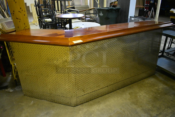 L Shaped Bar w/ Brazilian Cherry Wood Bar Top and Diamond Plate Panels. BUYER MUST REMOVE. 104x24x45. (basement) - Image 2 of 6