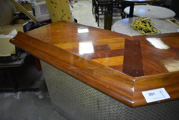 L Shaped Bar w/ Brazilian Cherry Wood Bar Top and Diamond Plate Panels. BUYER MUST REMOVE. 104x24x45. (basement) - Image 3 of 6