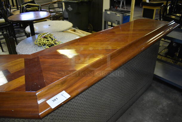 L Shaped Bar w/ Brazilian Cherry Wood Bar Top and Diamond Plate Panels. BUYER MUST REMOVE. 104x24x45. (basement) - Image 4 of 6