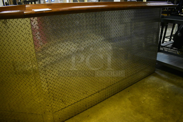 L Shaped Bar w/ Brazilian Cherry Wood Bar Top and Diamond Plate Panels. BUYER MUST REMOVE. 104x24x45. (basement) - Image 5 of 6